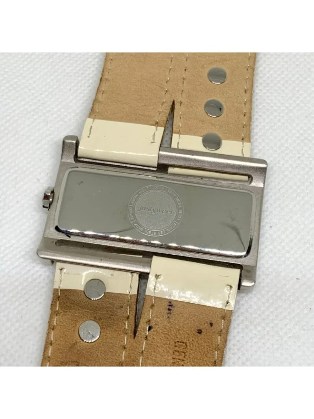 Just Sweet silver tone watch 50mm wide case band quartz analog stars running